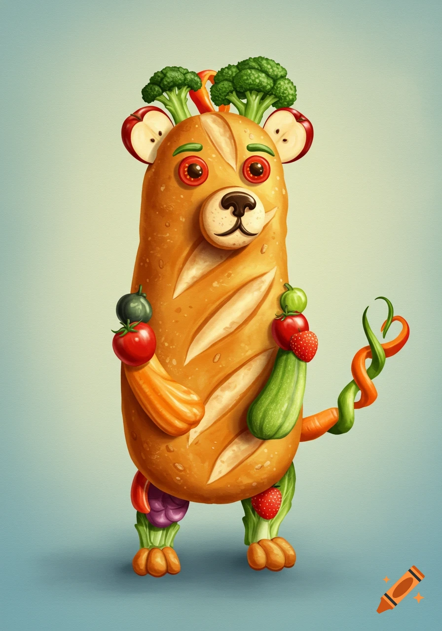 A stylized bear-like creature made from a loaf of bread, vegetables, and fruit, standing upright.