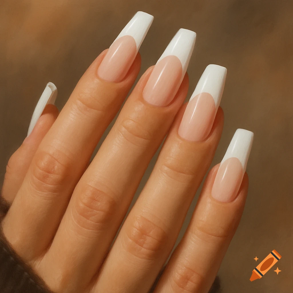 Hand with long white french tip coffin nails