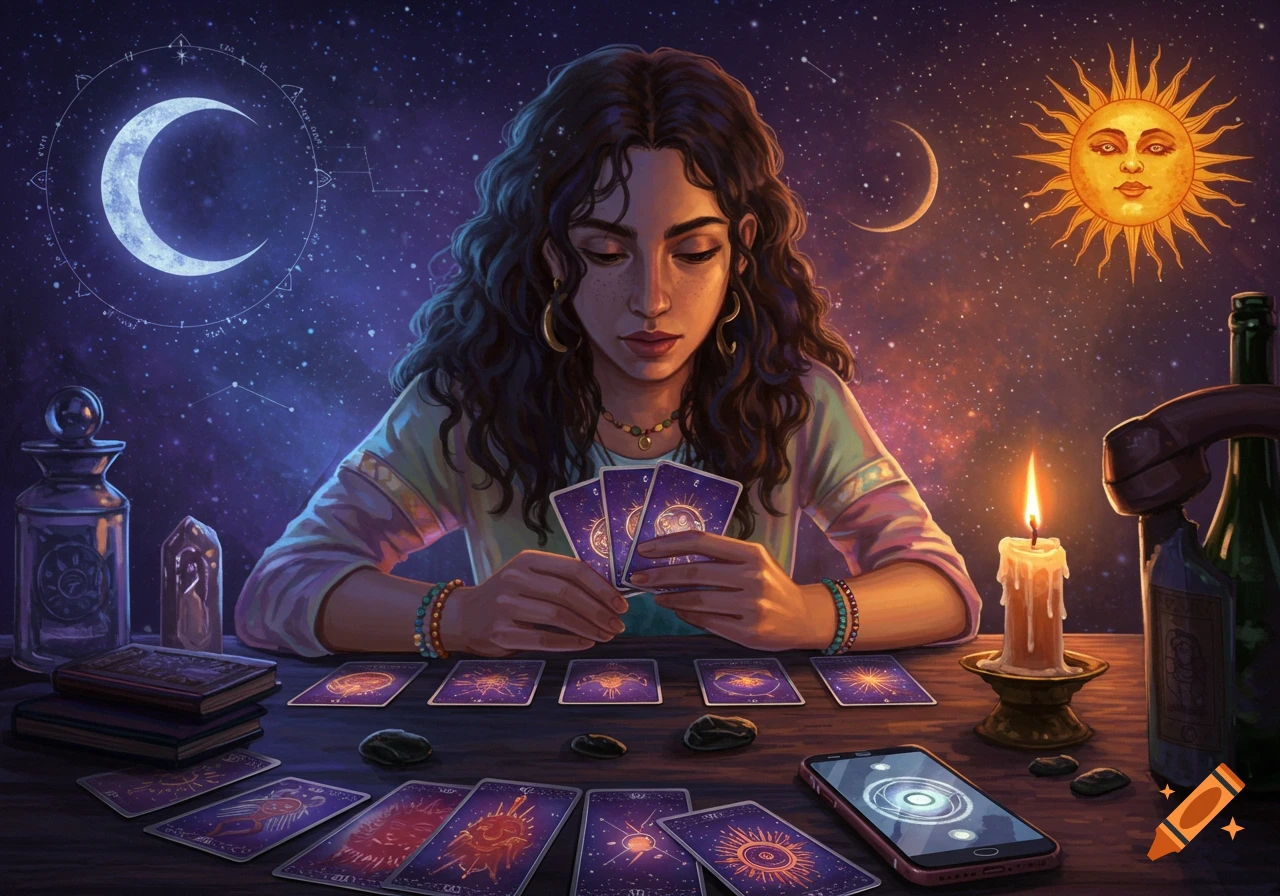 A woman performs a tarot card reading under a starry sky, with moon, sun, candle, books, and phone on the table.