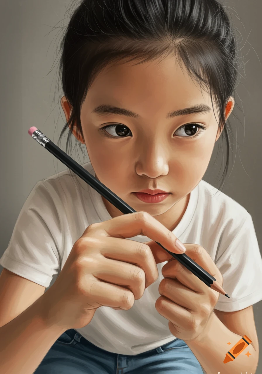 Realistic illustration of a young girl holding a pencil, looking thoughtfully.