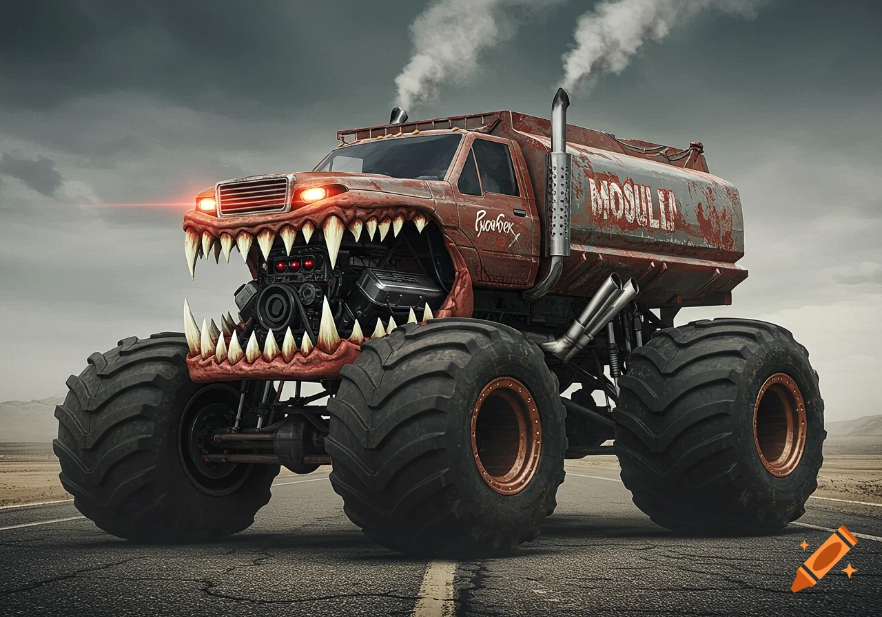 A rusty red fuel truck modified into a monster truck with giant teeth, glowing headlights, and smoke from exhausts on a road under a cloudy sky.