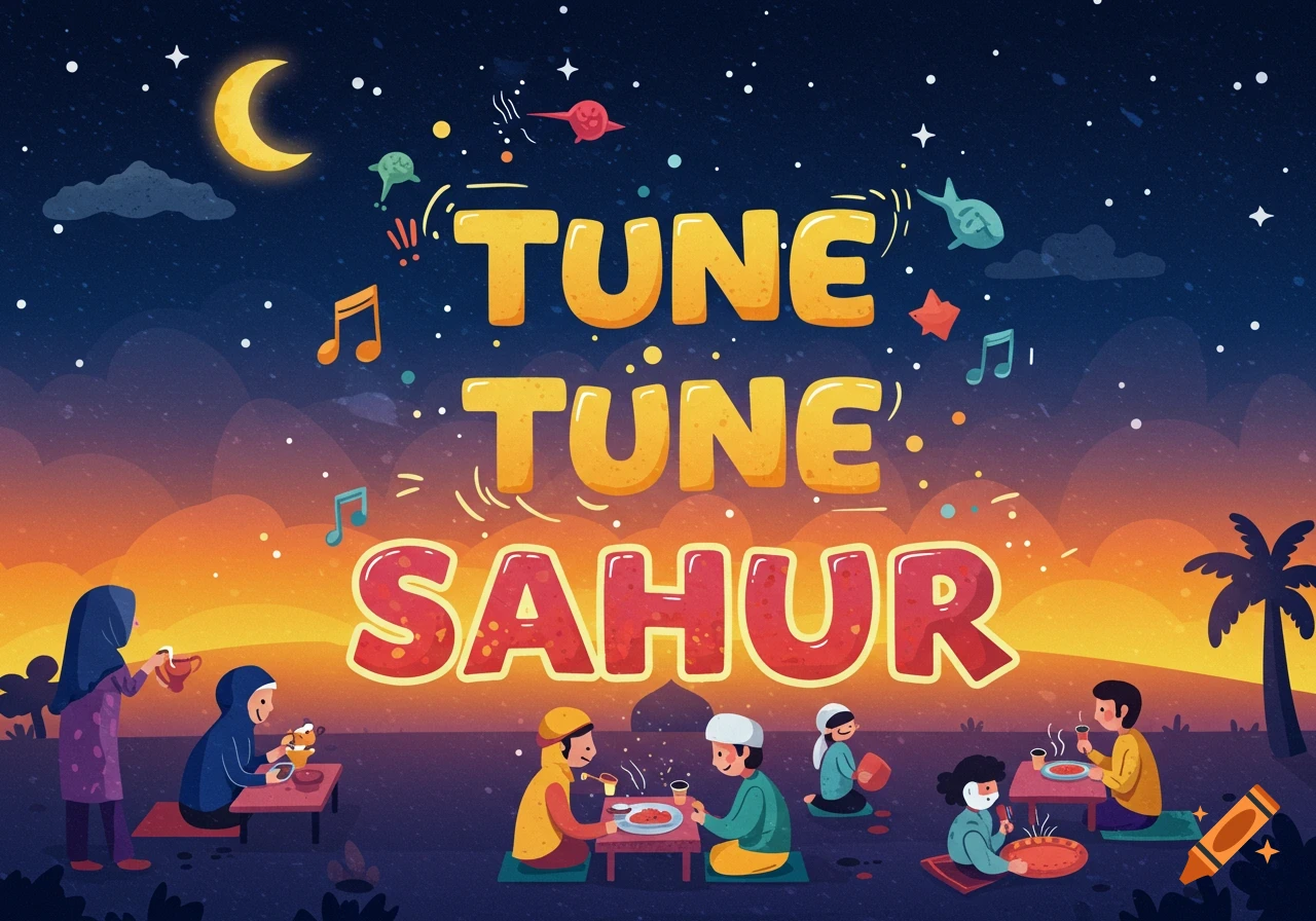 Illustration of people eating Sahur meal outdoors at night under a moonlit sky with text 'Tune Tune Sahur'.