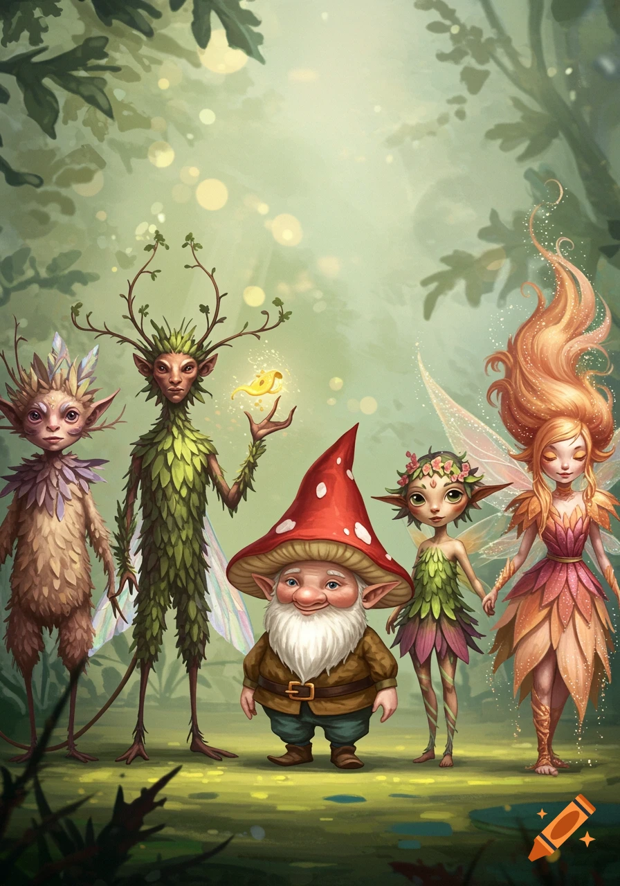Five fantasy creatures, including a gnome and fairies, stand in a forest clearing.