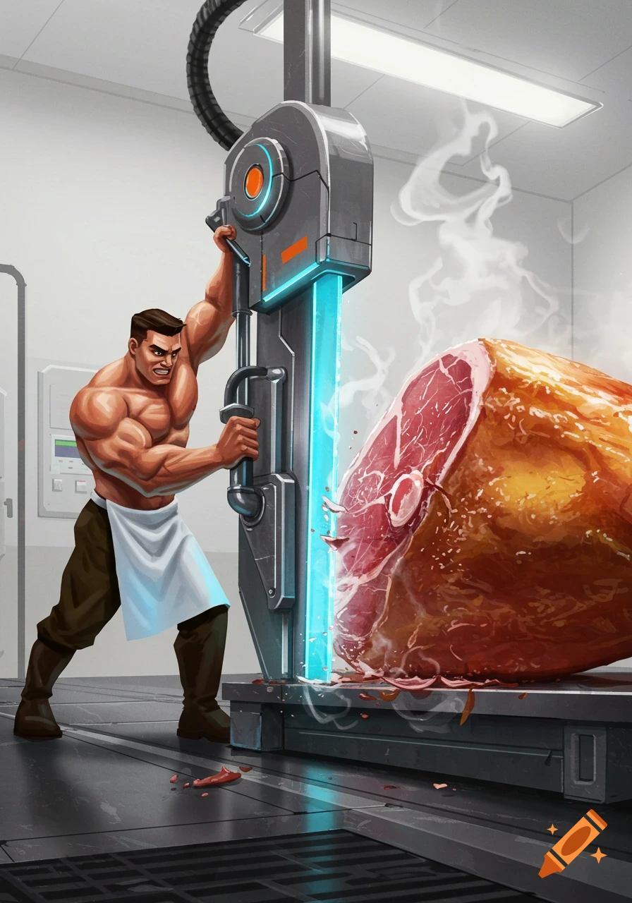Muscular man using a giant sci-fi saw to cut a large ham in a lab.