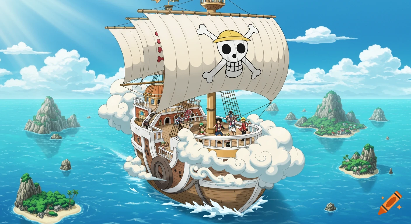 Anime illustration of a pirate ship sailing on the sea with islands.