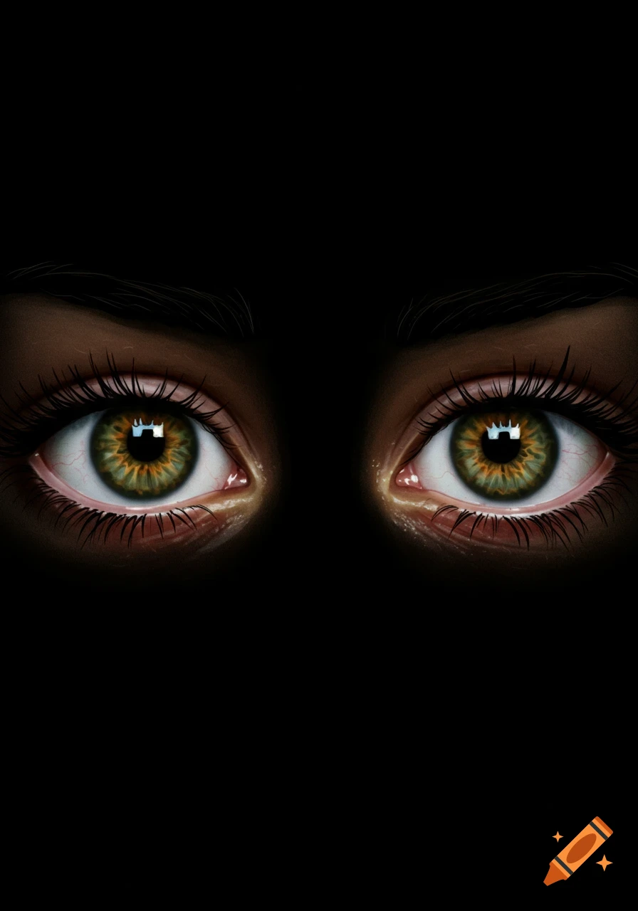 Close up of two human eyes with green and gold irises in darkness.