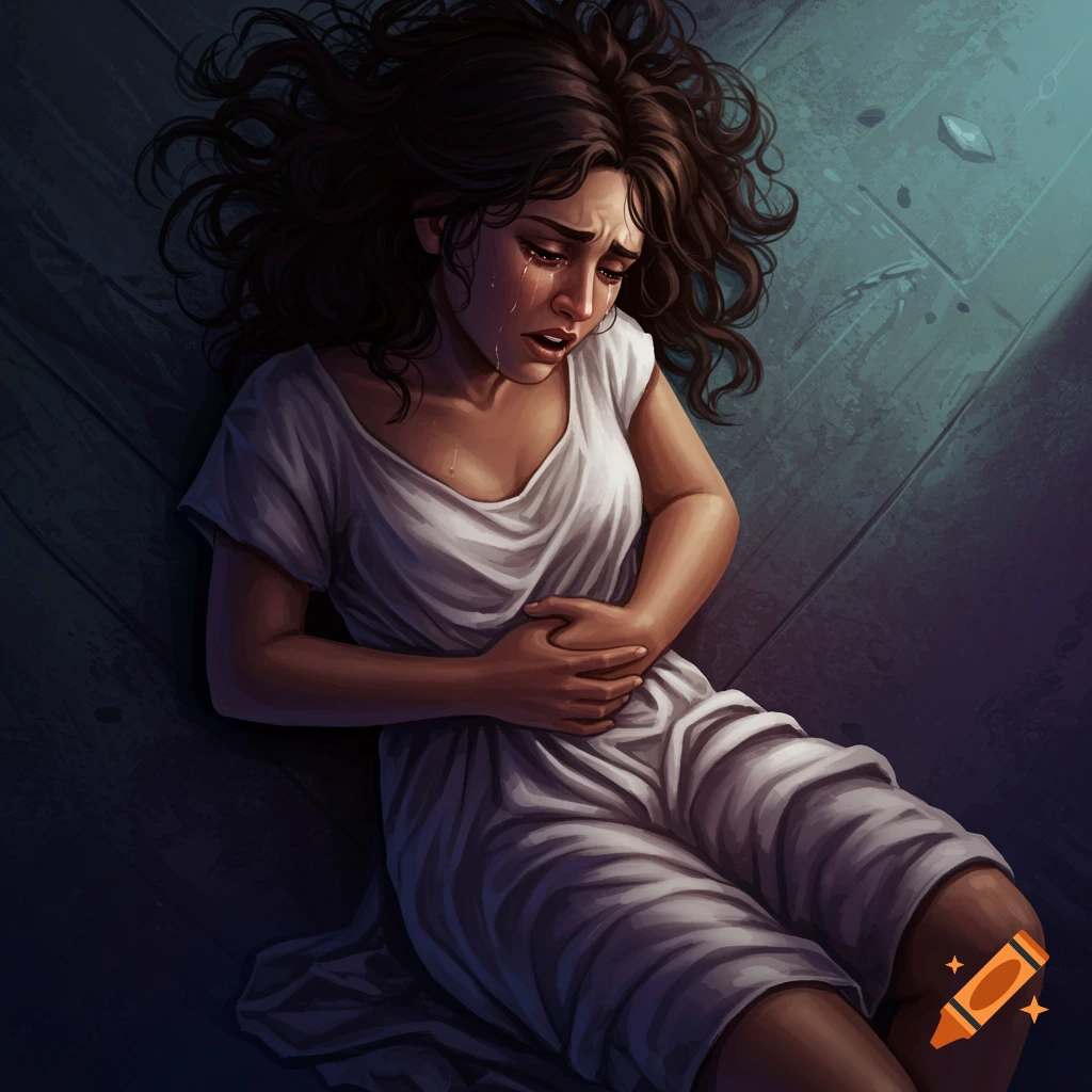 Illustration of a woman lying on a wooden floor, crying and holding her stomach.