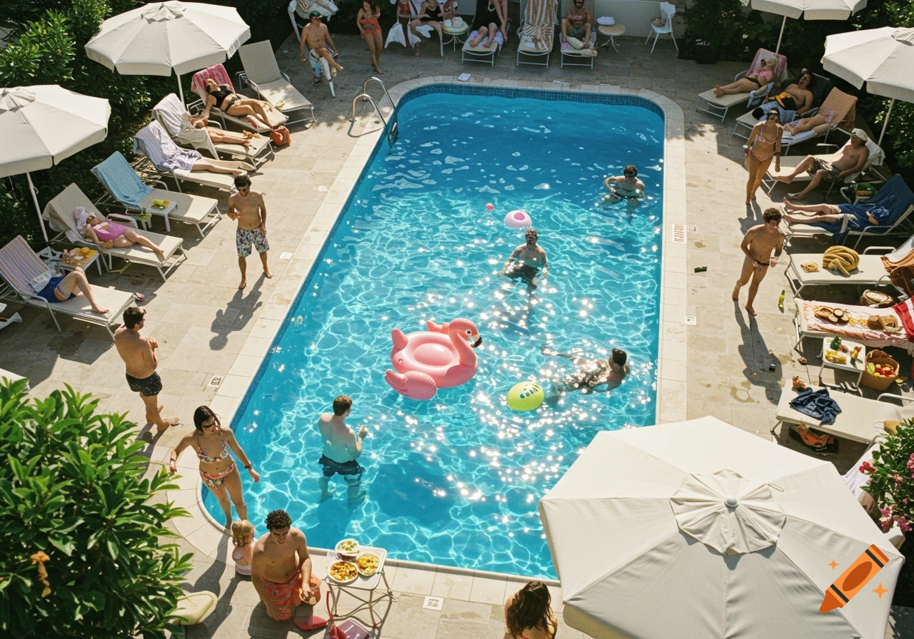 A high-angle shot of a pool party with people swimming and relaxing on lounge chairs under umbrellas. Sunny day scene.
