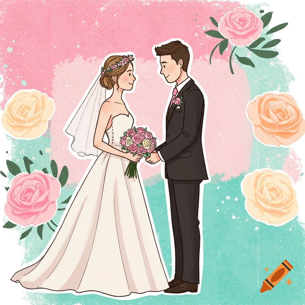 A couple getting married in a clipart/doodle style illustration.