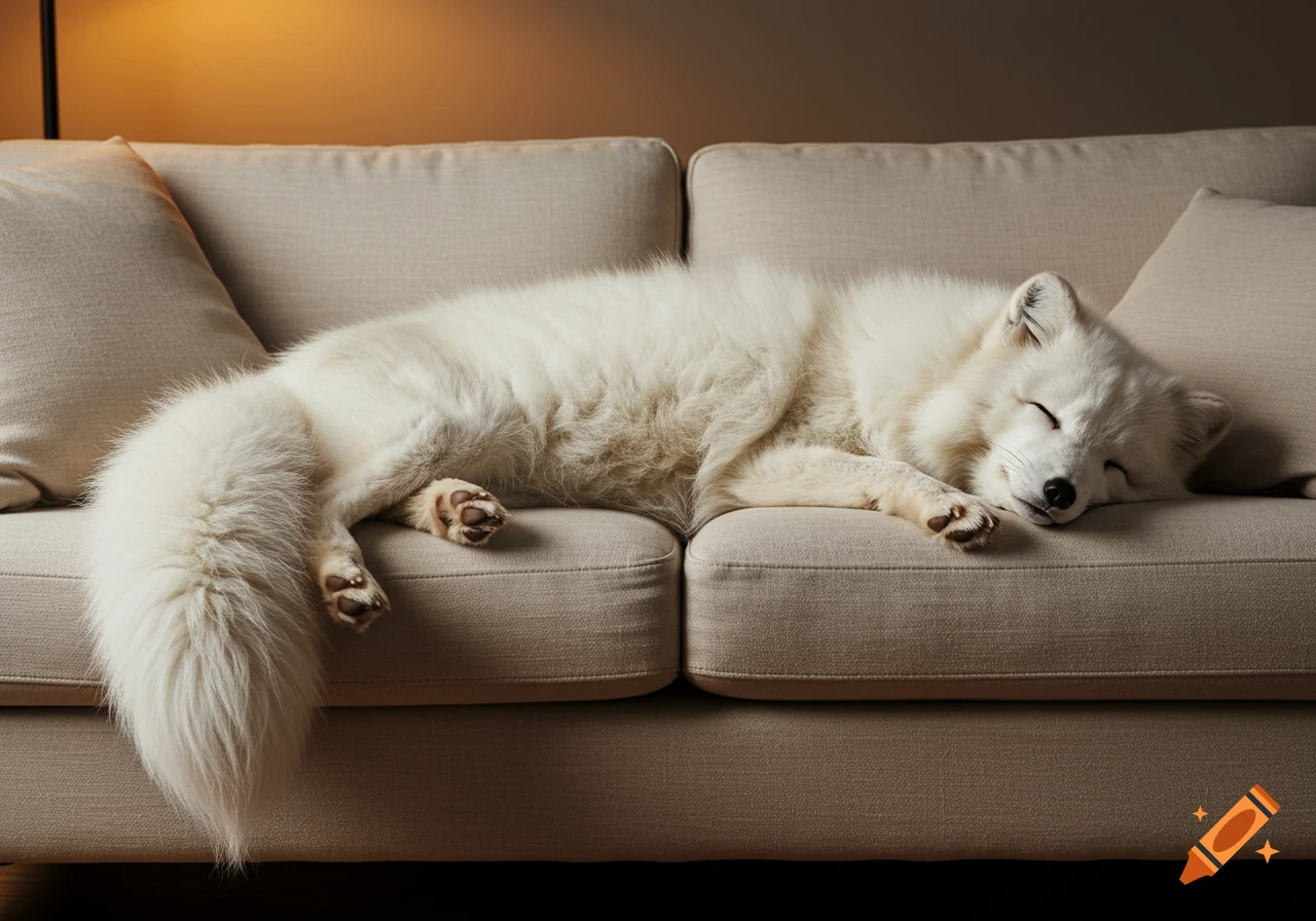 A fluffy white fox is sleeping peacefully curled up on a beige couch.