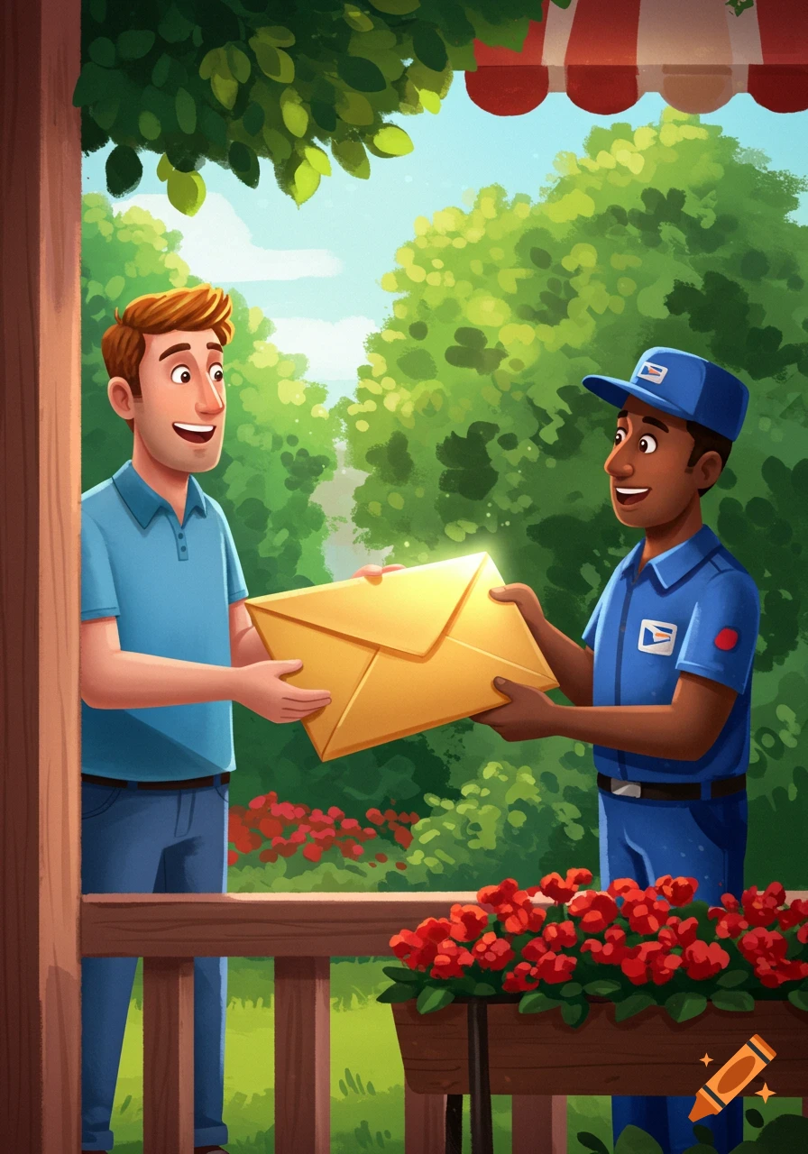 Illustration of a mailman delivering a large envelope to a man in a garden.