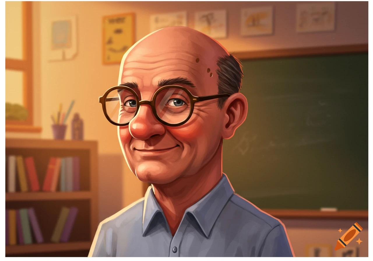 Smiling bald teacher with glasses in a classroom.