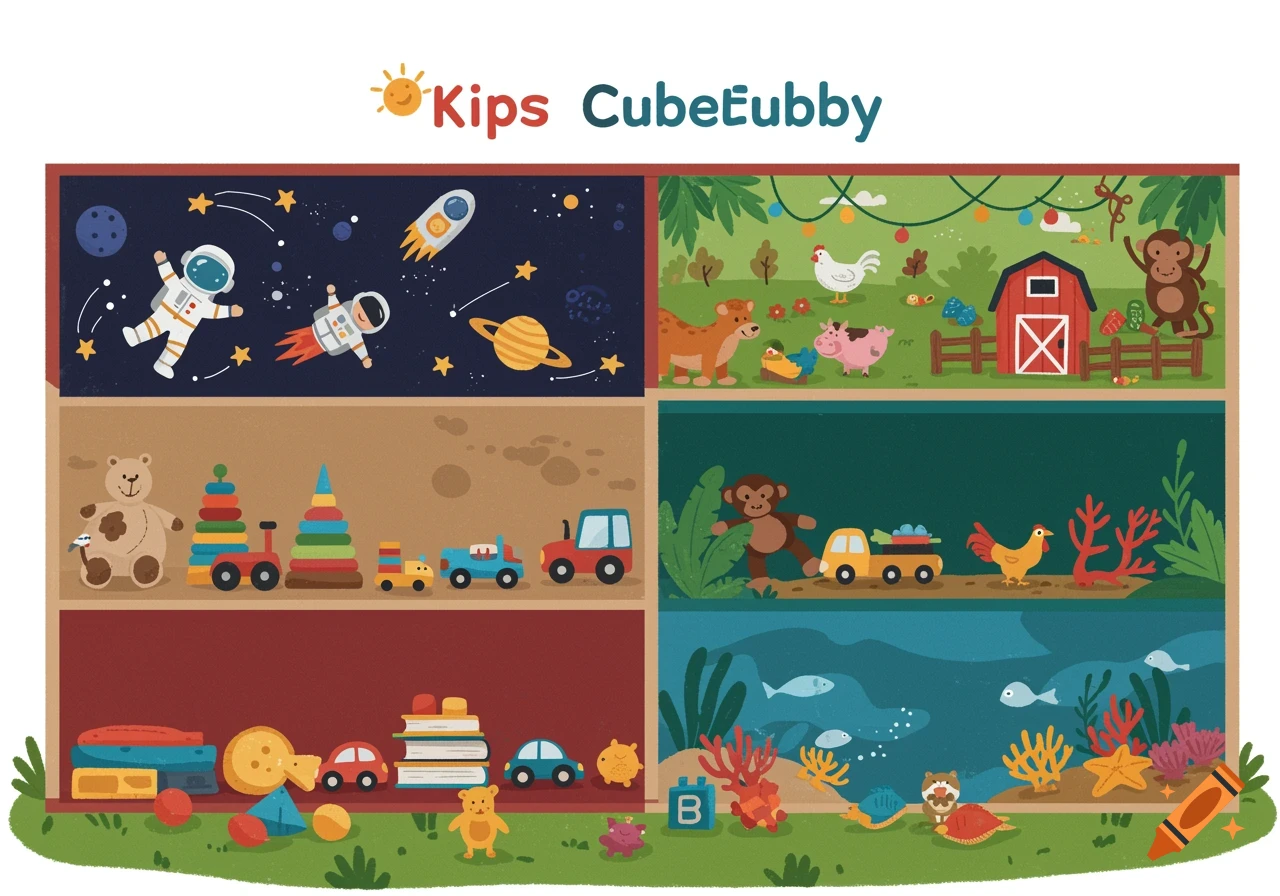Flat illustration of a cubby with toys and scenes like space, farm, and ocean.
