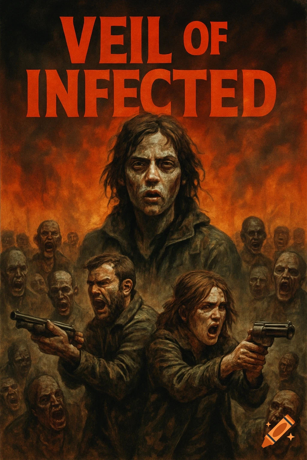 Horror movie poster for 'Veil of Infected' with zombies surrounding armed survivors.