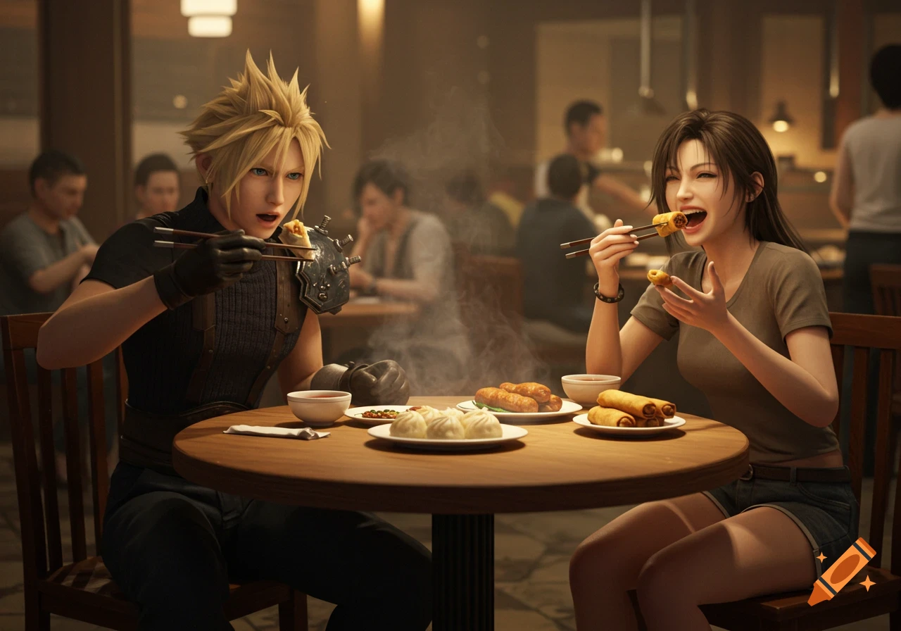 Cloud Strife and Yuffie Kisaragi eat at a restaurant table with dumplings and spring rolls in a realistic style.