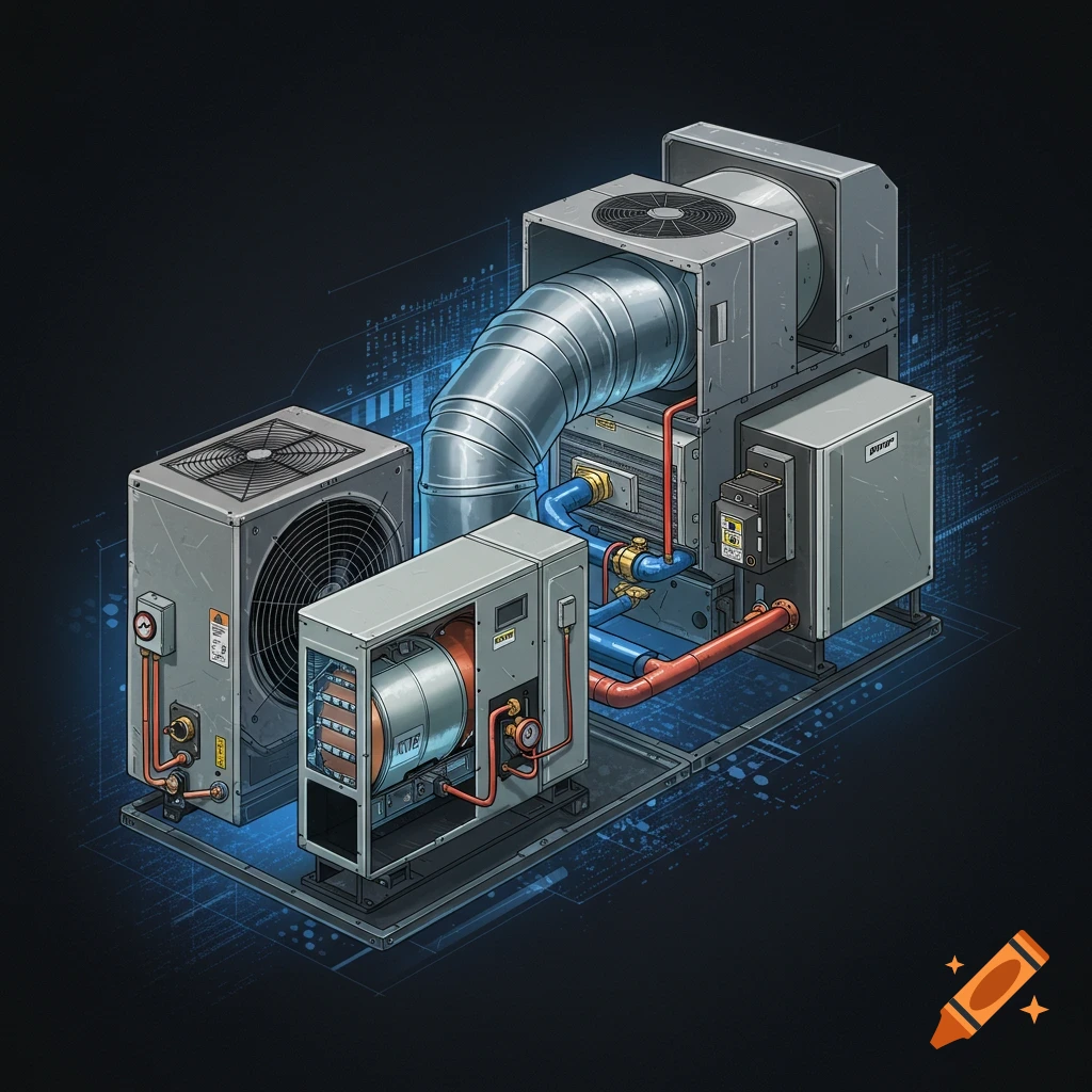 An illustration of a complex HVAC system with pipes, ducts, and fans on a dark background with a subtle technical pattern.