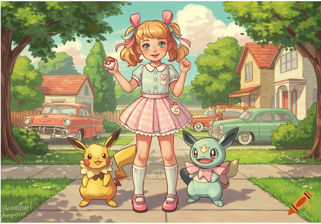 Young girl with Pikachu and another Pokemon in a 1950s suburban illustration.
