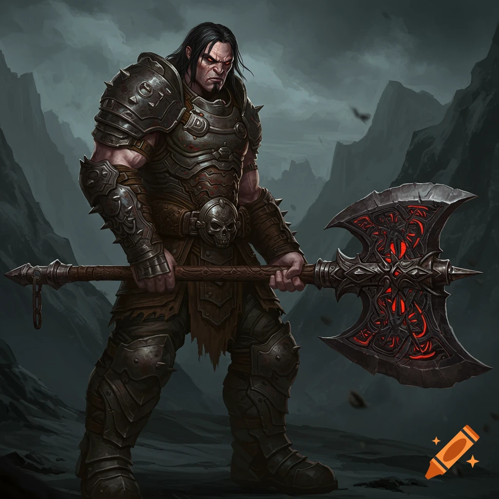Fantasy barbarian in armor holding a large axe in a dark mountain landscape.
