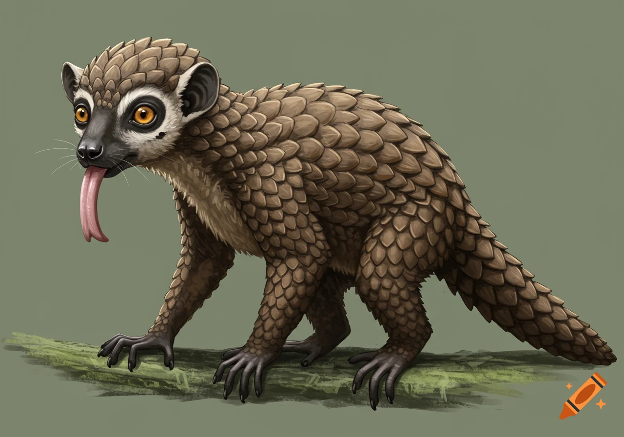 Illustration of a fantasy creature with pangolin scales, lemur eyes, fur, and a long tongue, standing on a branch.