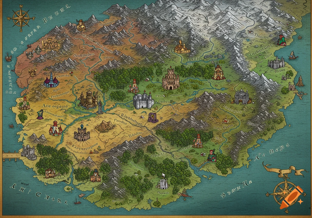 An illustrated fantasy map showing mountains, forests, rivers, and various settlements with buildings like castles and towns, in a hand-drawn style.