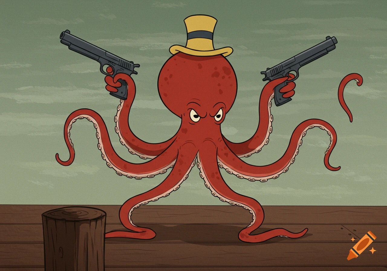 Cartoon octopus in a hat holding two guns on a dock.