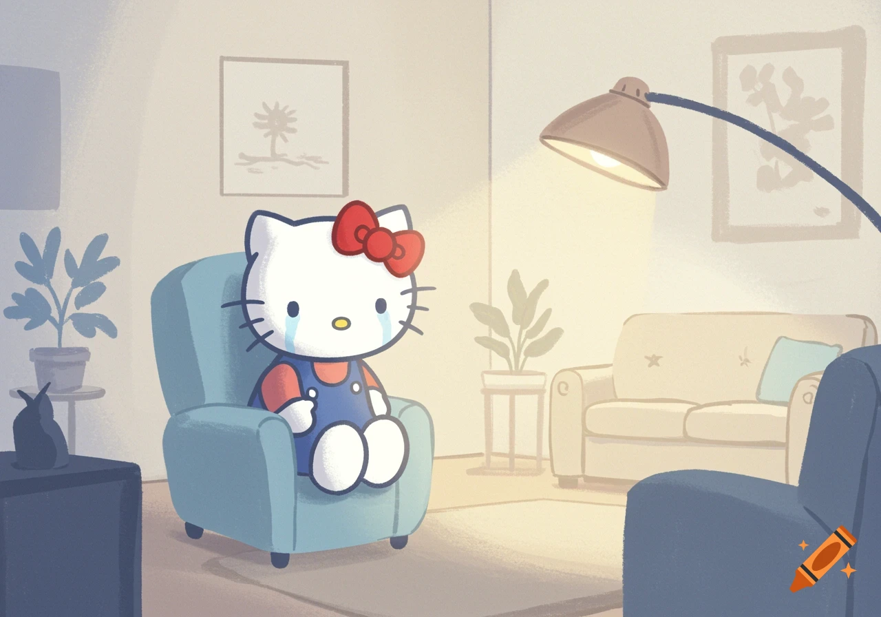A simple cartoon of Hello Kitty crying in a blue armchair in a room.