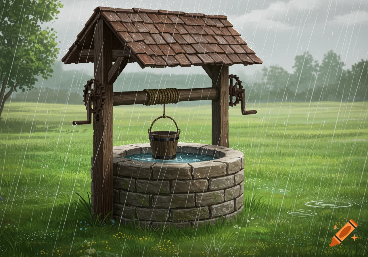 A wooden water well with a stone base sits in a green field under heavy rain.