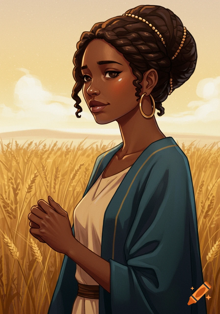 Illustrated portrait of an African American woman in a field of wheat at sunset.