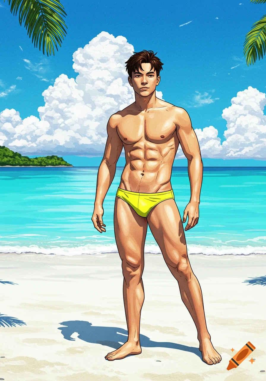 Stylized illustration of a fit man in a yellow swimsuit on a sunny beach.