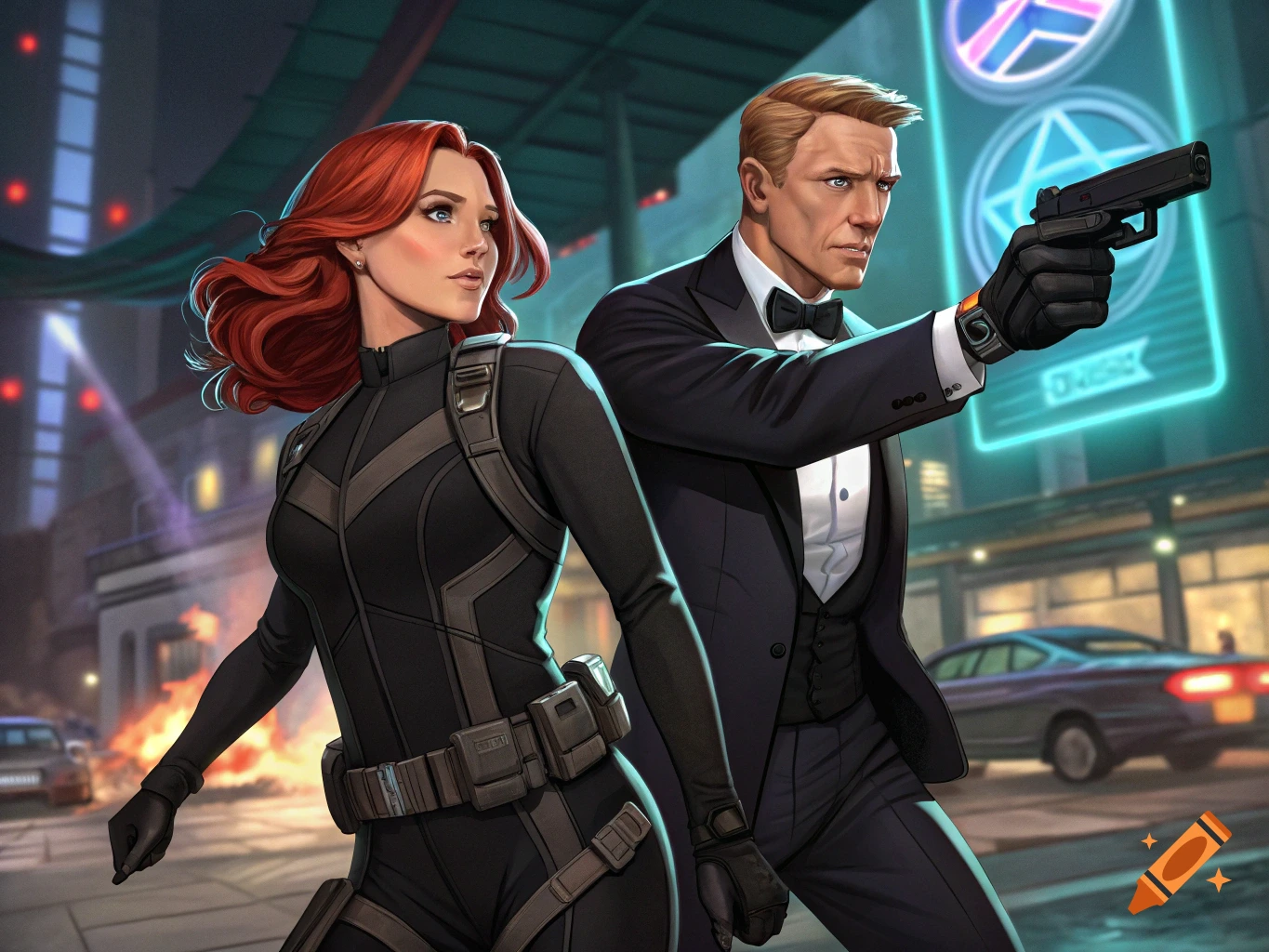 Woman in black suit and man in tuxedo hold guns in a city street at night.
