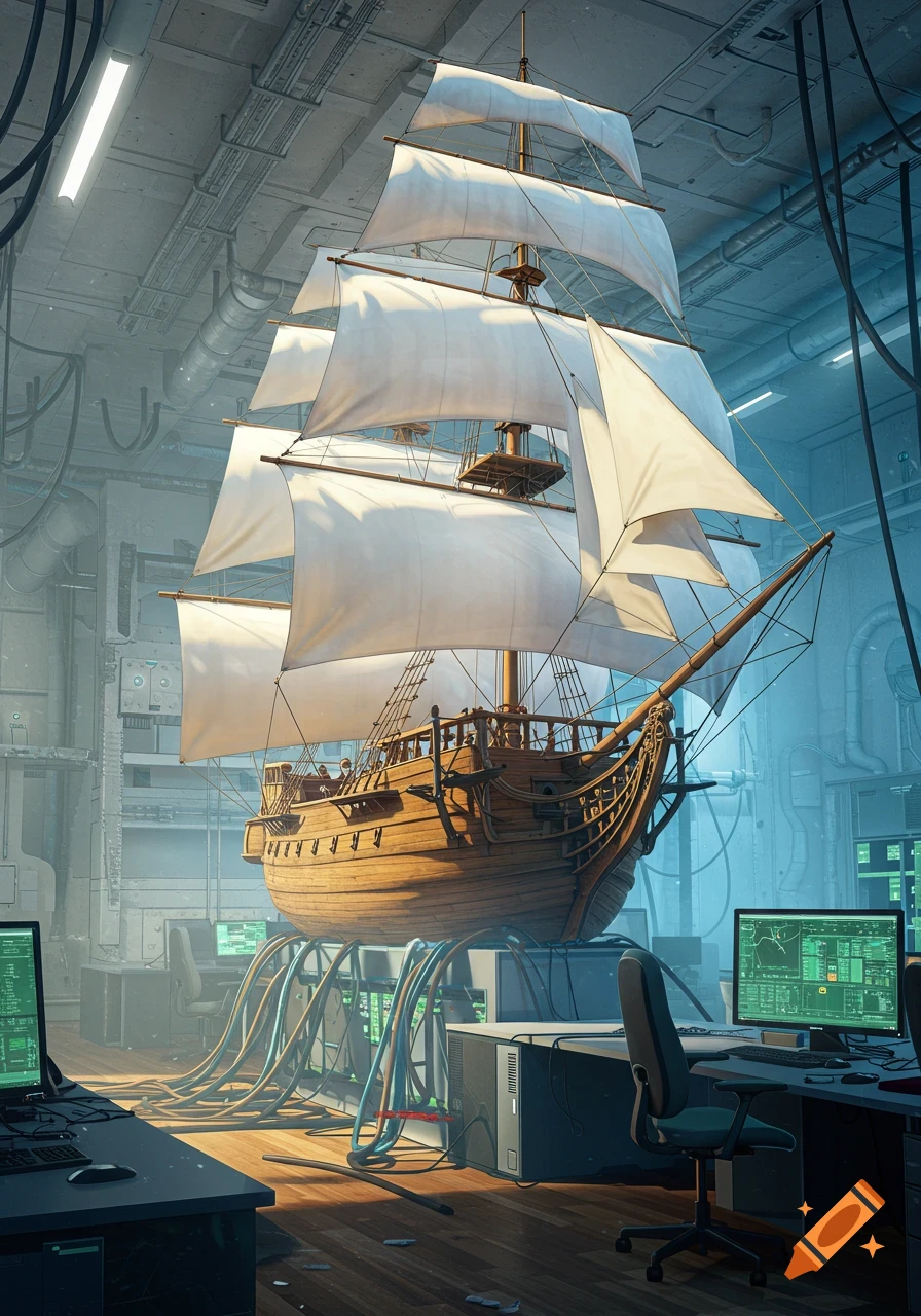 A wooden sailing ship sits suspended inside a detailed computer lab with glowing screens.