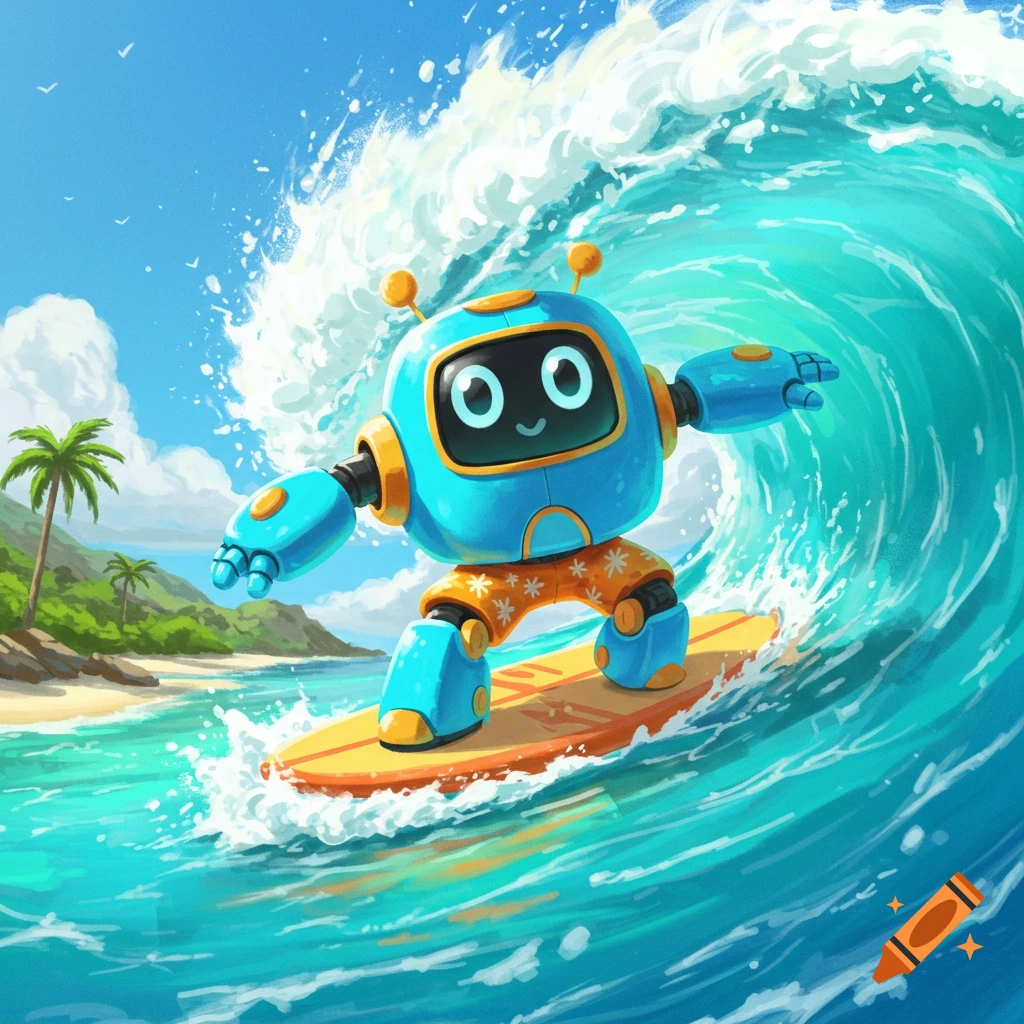 Cute blue robot surfing a wave near a tropical beach, illustration.
