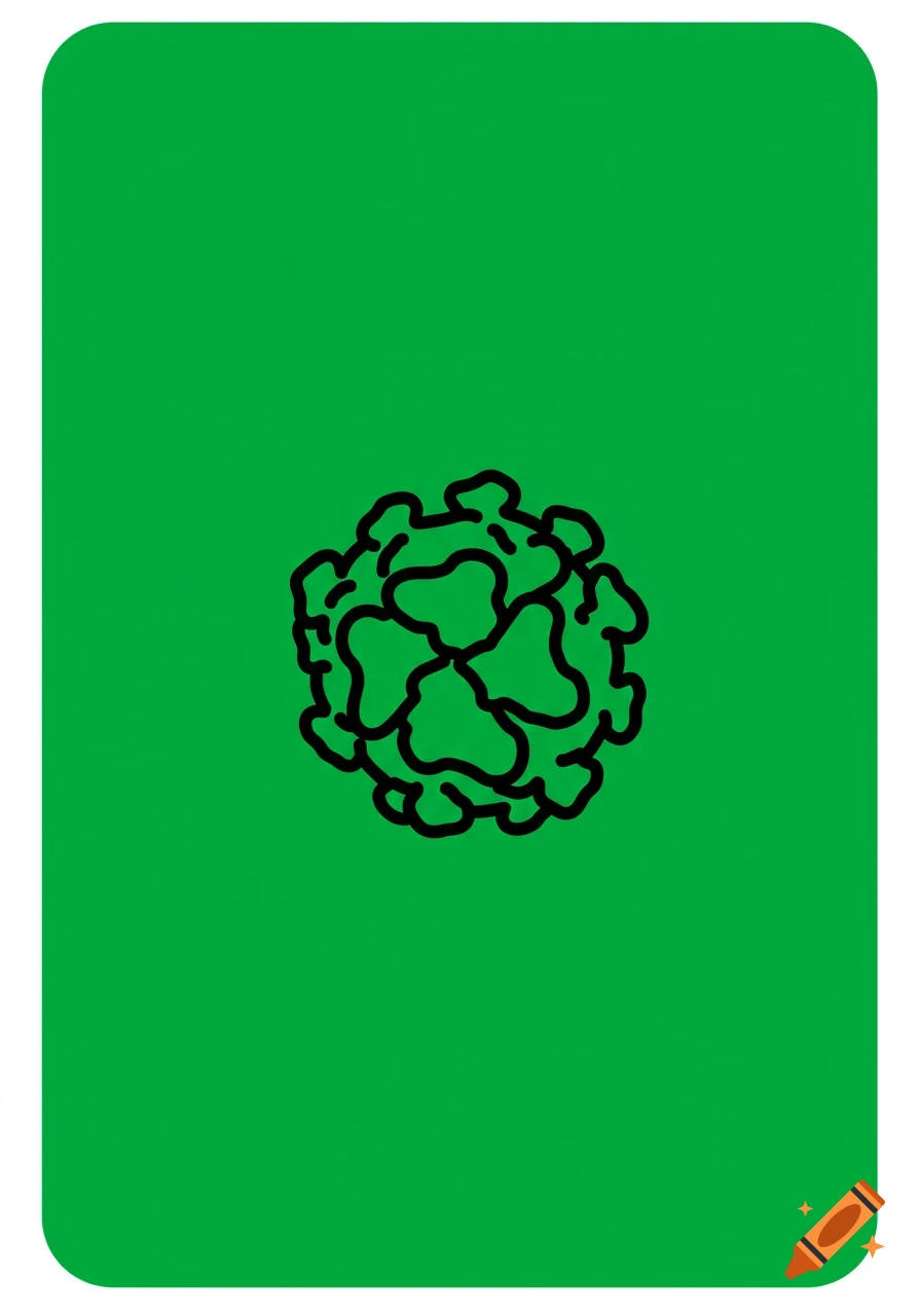 Black line drawing of a virus particle on a green background.