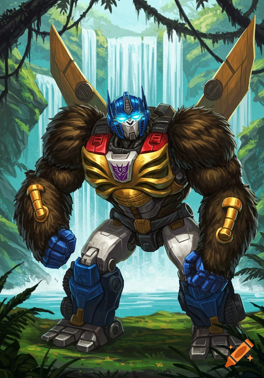 Optimus Primal robot stands in a jungle by a waterfall.