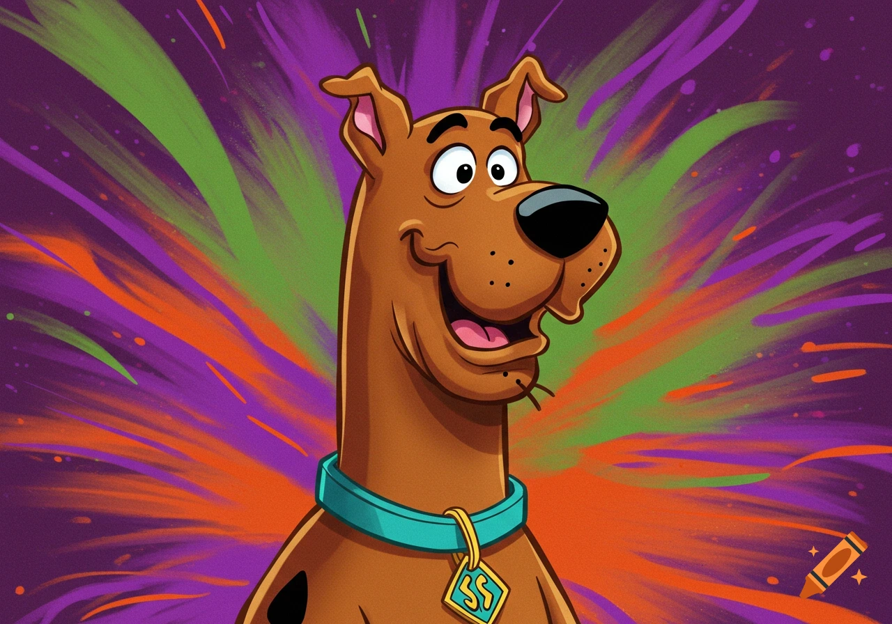 Scooby-Doo cartoon portrait with a colorful abstract background