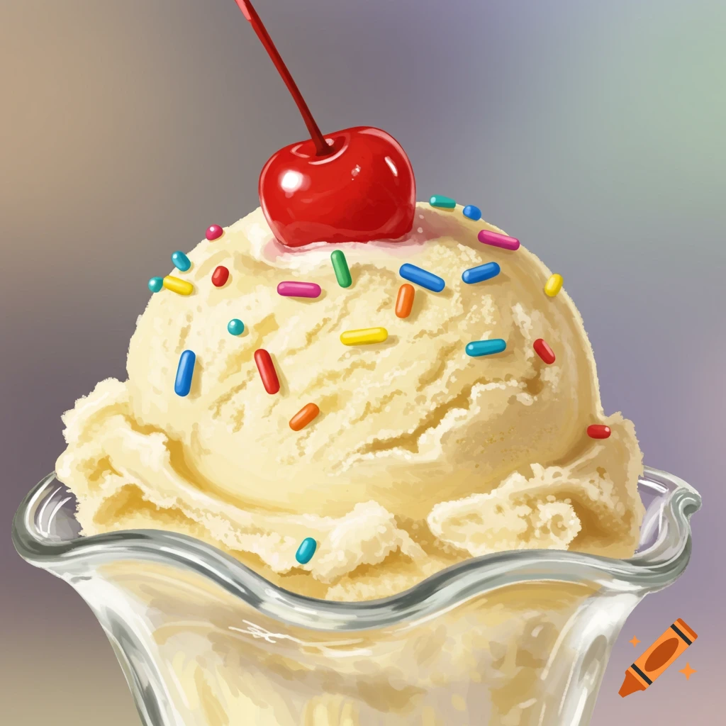 A scoop of vanilla ice cream topped with sprinkles and a cherry in a glass dish.