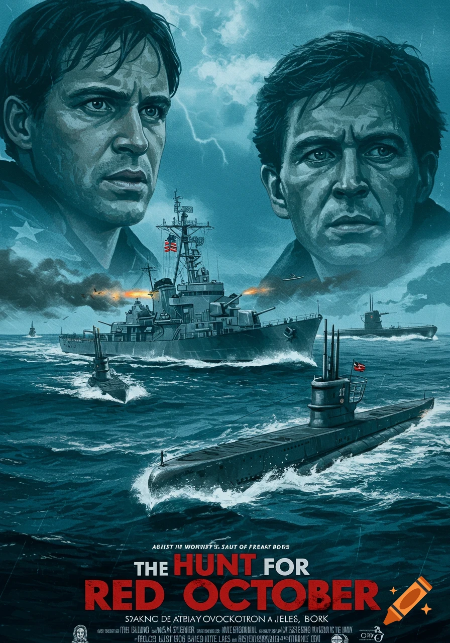Illustrated movie poster featuring two men's faces above a stormy sea with a destroyer and submarines.