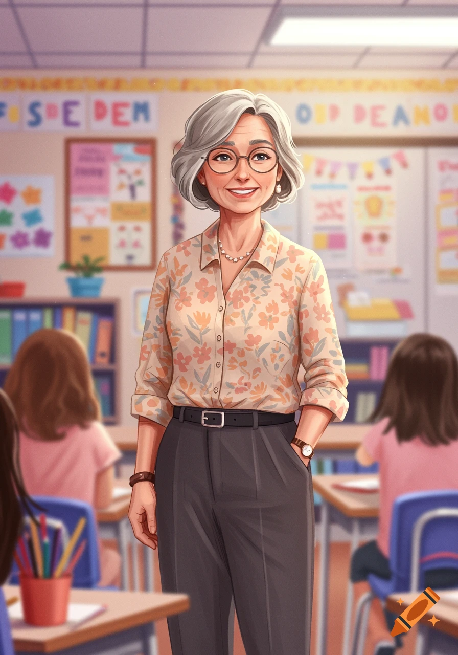 Cartoon illustration of a smiling older woman teacher in a classroom.