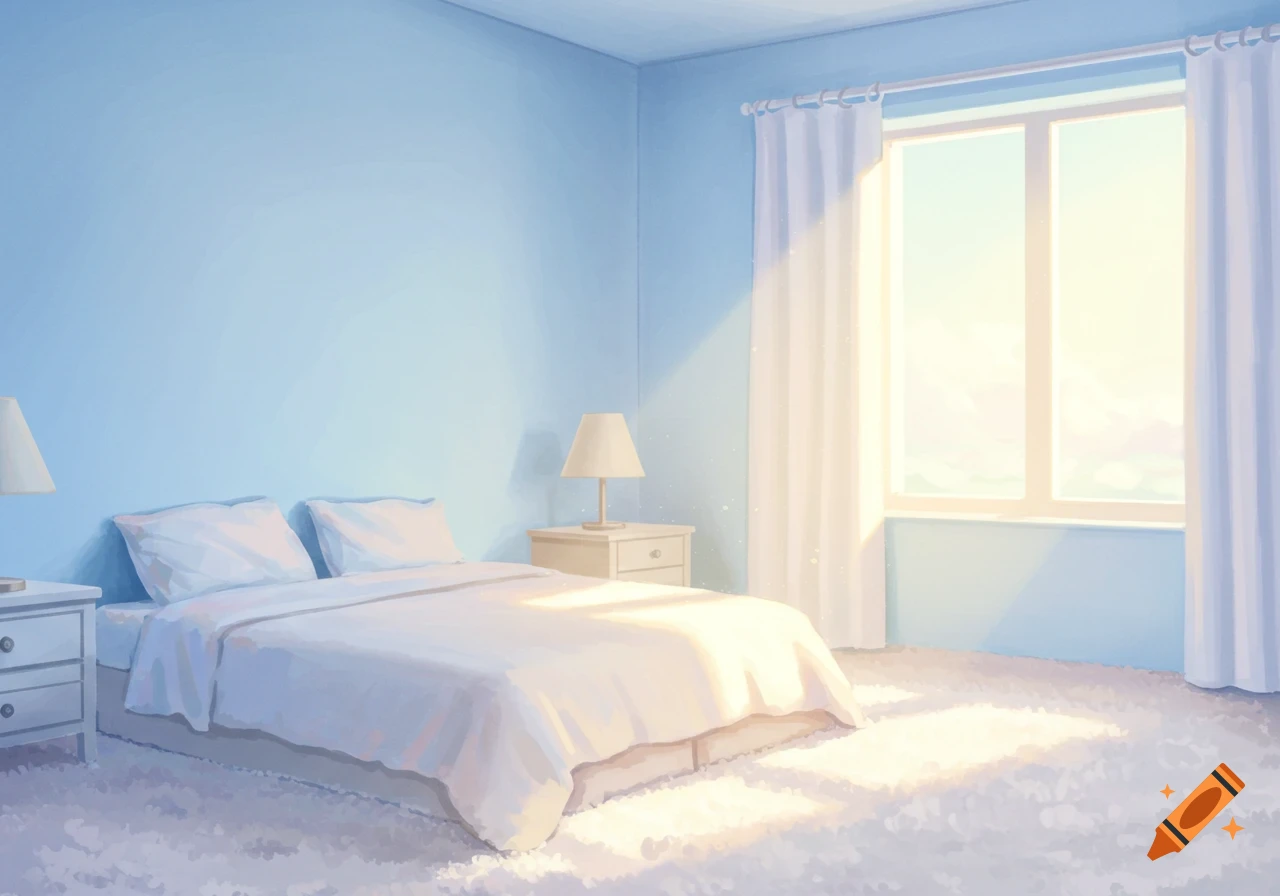 Softly lit anime-style bedroom with a bed and a large window.