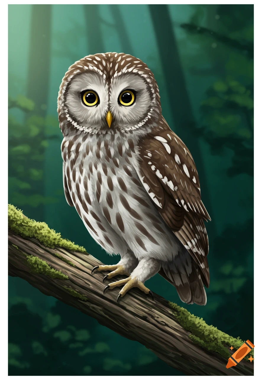 An illustration of an owl perched on a mossy branch in a forest.