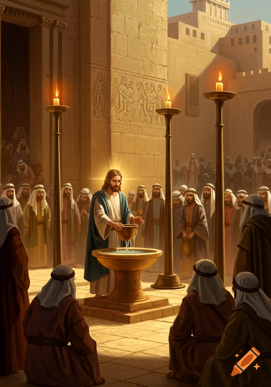 Jesus performs a water ceremony in a temple surrounded by people and candles. Illustration style.