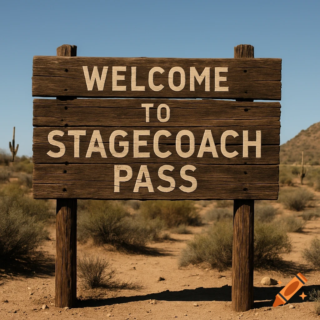 A rustic wooden sign in a desert landscape reads "WELCOME TO STAGECOACH PASS".