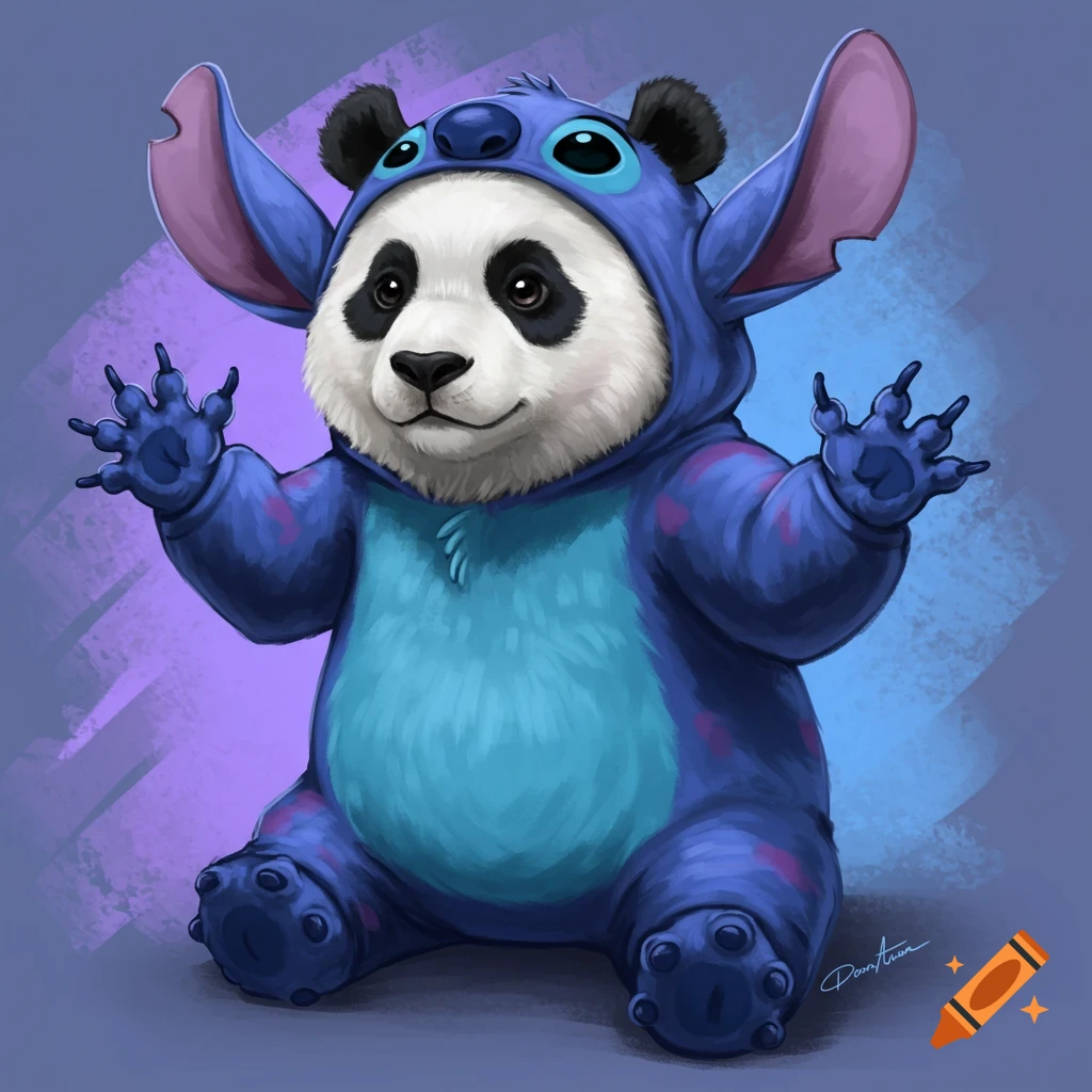 An illustration of a baby panda wearing a Stitch costume, sitting with paws raised.