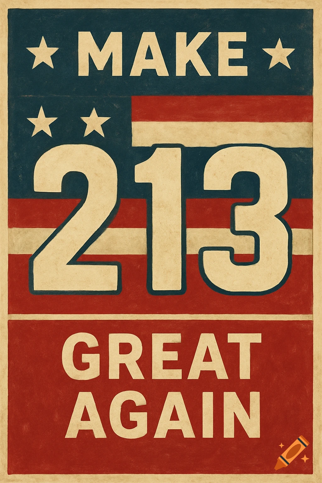 Vintage-style poster with American flag elements and the slogan MAKE 213 GREAT AGAIN