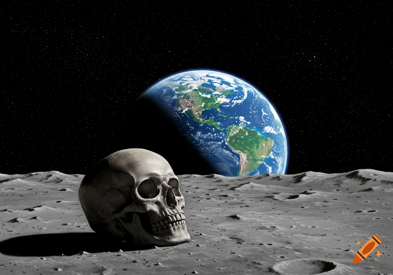Skull on the surface of the moon with the Earth visible in the background against a starfield.
