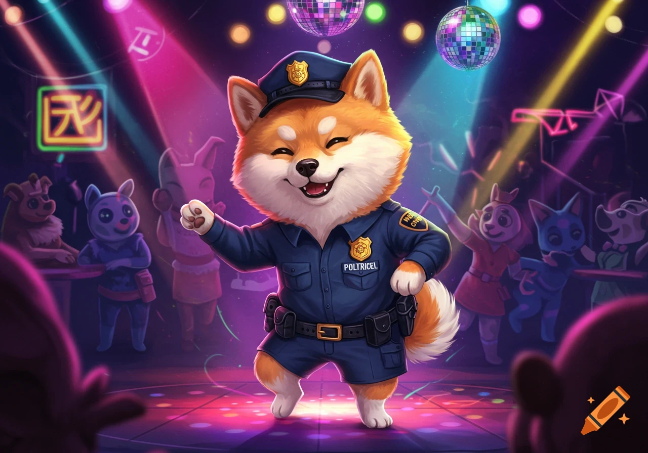 A cute cartoon Shiba Inu dog in a police uniform dances happily in a nightclub.