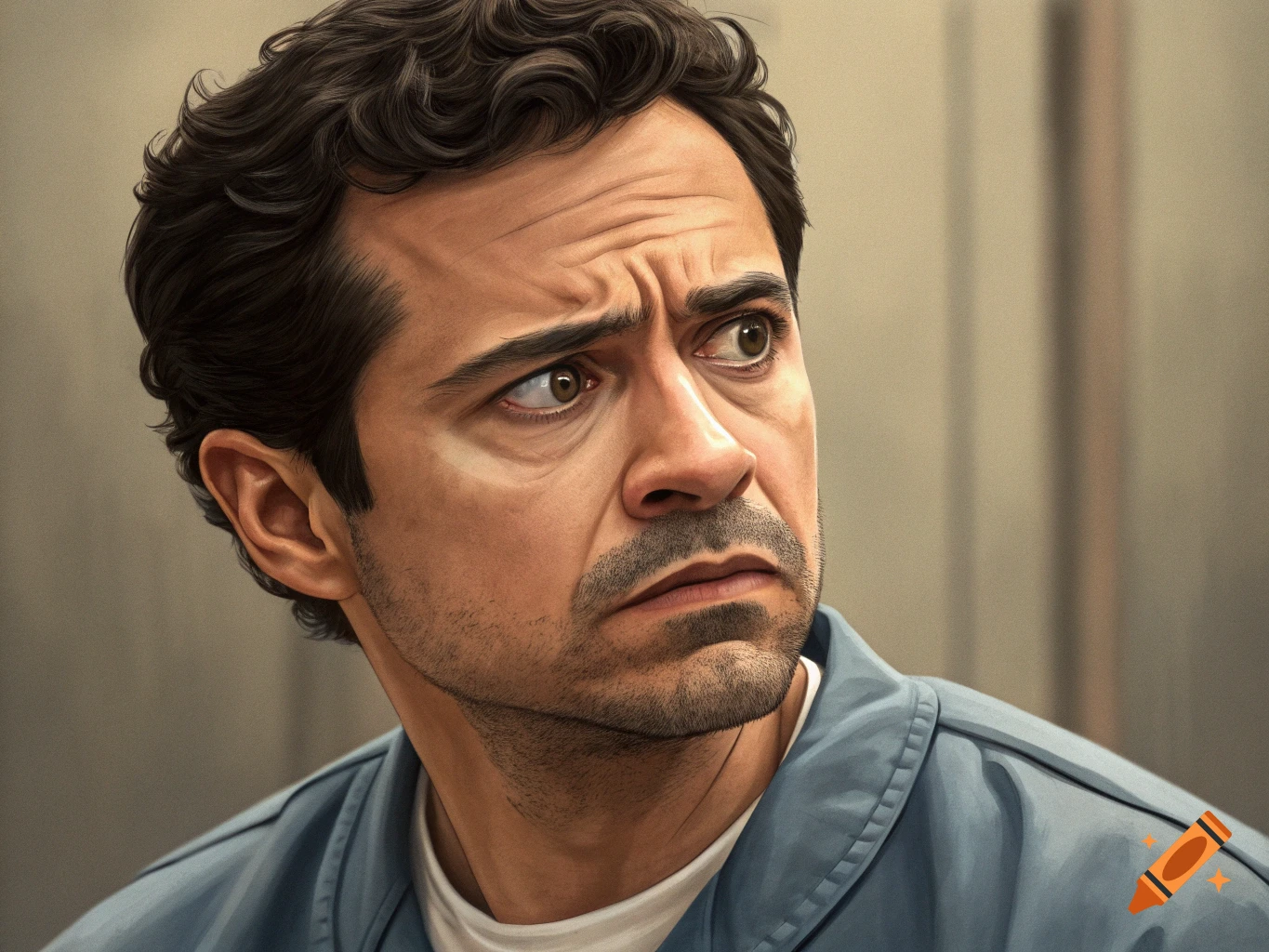 Realistic portrait of a man with a suspicious expression looking to the side.