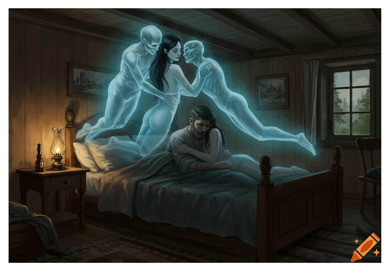 Illustration of ghostly figures embracing a woman over a sleeping man in a bedroom
