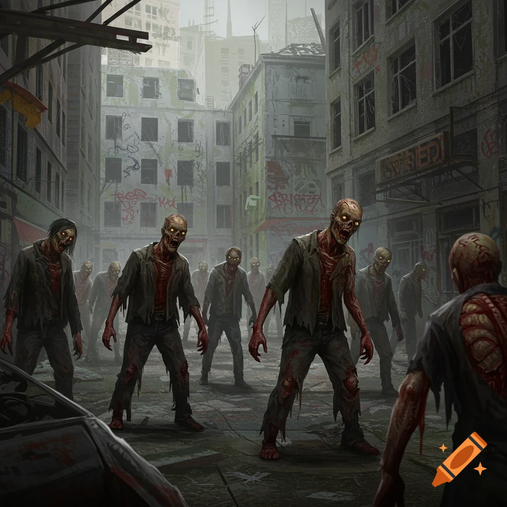 A horde of zombies walks down a ruined city street.