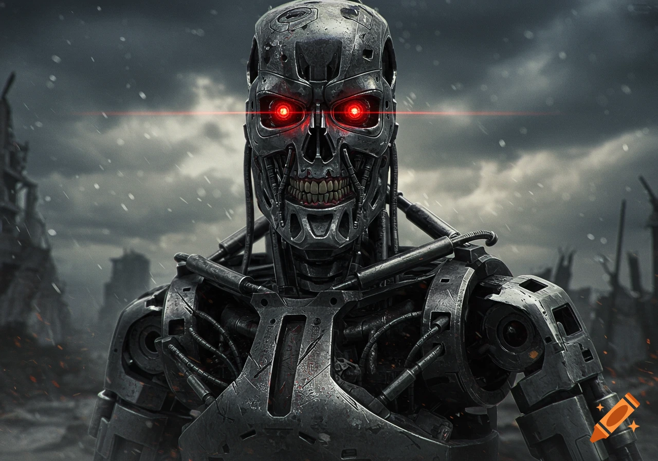 Close-up of a metallic robot skeleton face with glowing red eyes in a destroyed city.